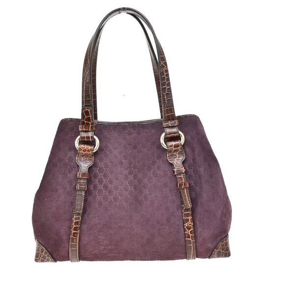 CELINE Logo Macadam Shoulder Tote Bag Suede Embossed Leather Purple SHW 34KB278 - Picture 1 of 15